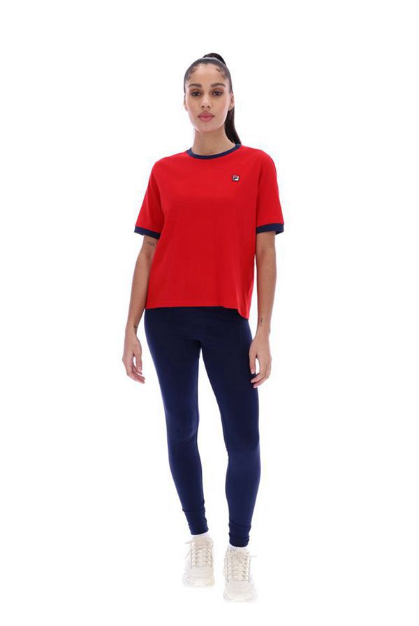 Fila Abriana Ringer Women's T-Shirts - Red/Navy,NZ 219-40153